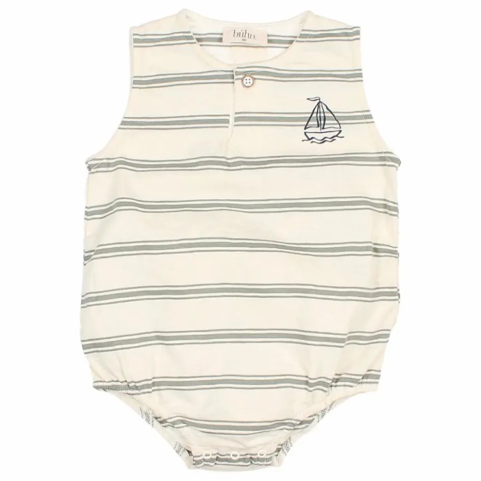 New Búho Barboteuse Rayures Coton Bio | Vert céladon
