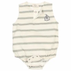 New Búho Barboteuse Rayures Coton Bio | Vert céladon