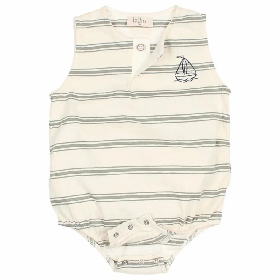 New Búho Barboteuse Rayures Coton Bio | Vert céladon