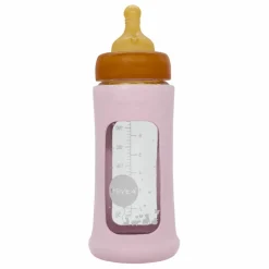 Clearance Hevea Biberon en verre à col large avec housse de protection Débit moyen | Rose poudré