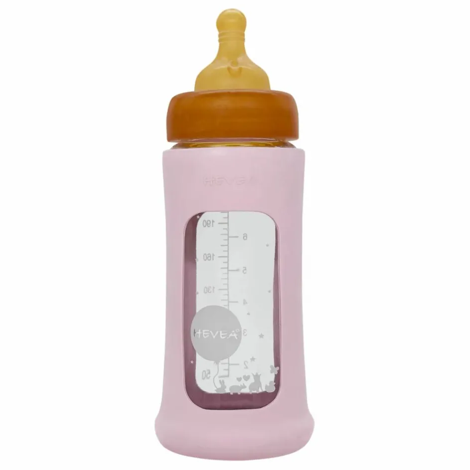 Clearance Hevea Biberon en verre à col large avec housse de protection Débit moyen | Rose poudré