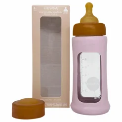 Clearance Hevea Biberon en verre à col large avec housse de protection Débit moyen | Rose poudré