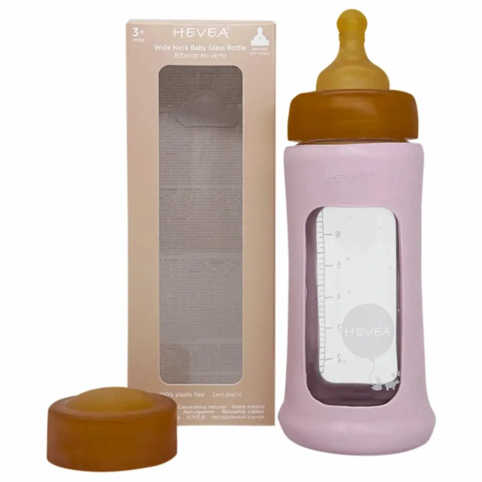 Clearance Hevea Biberon en verre à col large avec housse de protection Débit moyen | Rose poudré