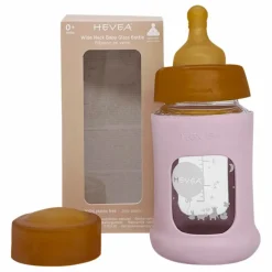 Clearance Hevea Biberon en verre à col large avec housse de protection Débit lent | Rose poudré