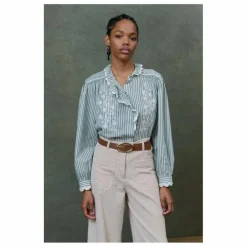 Best Louise Misha Blouse Cora Rayée Coton Bio - Collection Femme | Vert amande