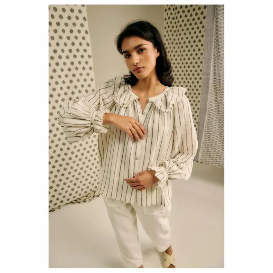 Sale Blue Anemone Blouse Miel Rayée Lin et Coton | Beige