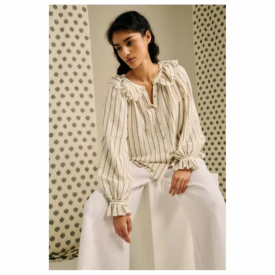 Sale Blue Anemone Blouse Miel Rayée Lin et Coton | Beige