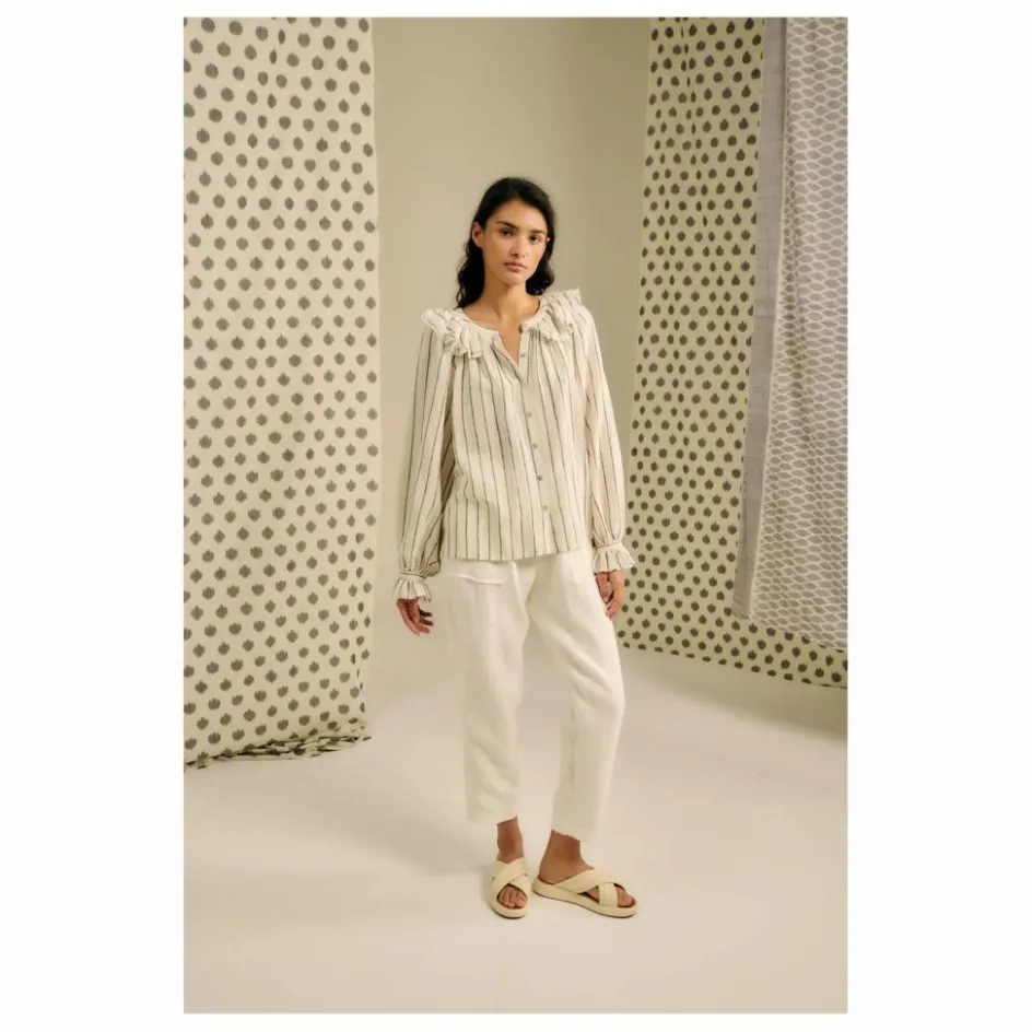 Sale Blue Anemone Blouse Miel Rayée Lin et Coton | Beige