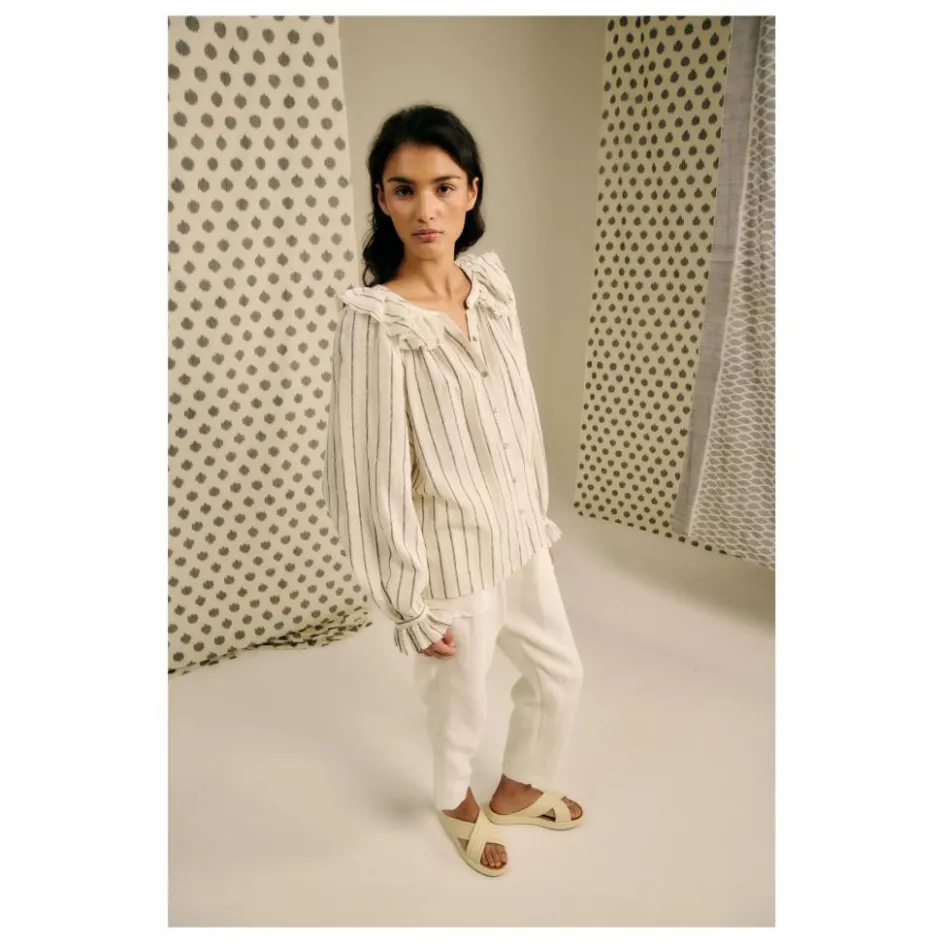 Sale Blue Anemone Blouse Miel Rayée Lin et Coton | Beige
