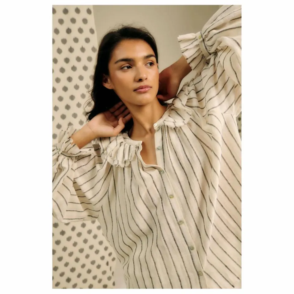 Sale Blue Anemone Blouse Miel Rayée Lin et Coton | Beige