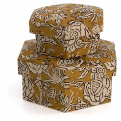 Online Doing Goods Boites hexagonales Botanical en bois et coton - Set de 2 | Jaune moutarde
