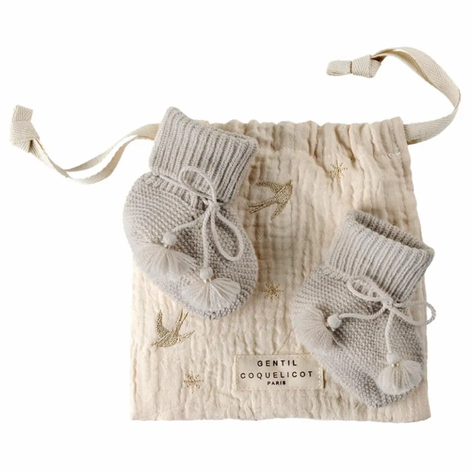 Sale Gentil Coquelicot Chaussons en tricot et pochon brodé | Gris perle