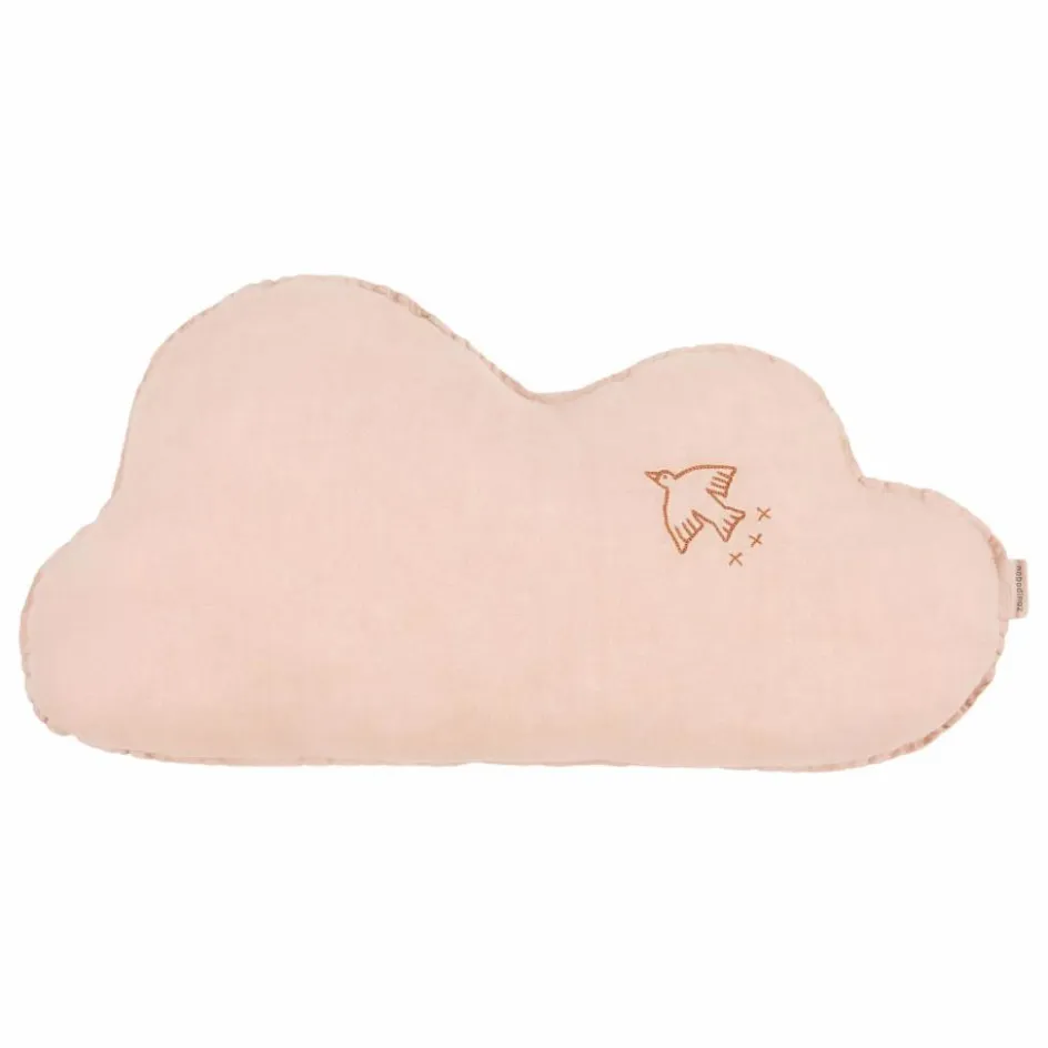 Online Nobodinoz Coussin Nuage avec broderie Oiseau - Lin Français | Rose poudré