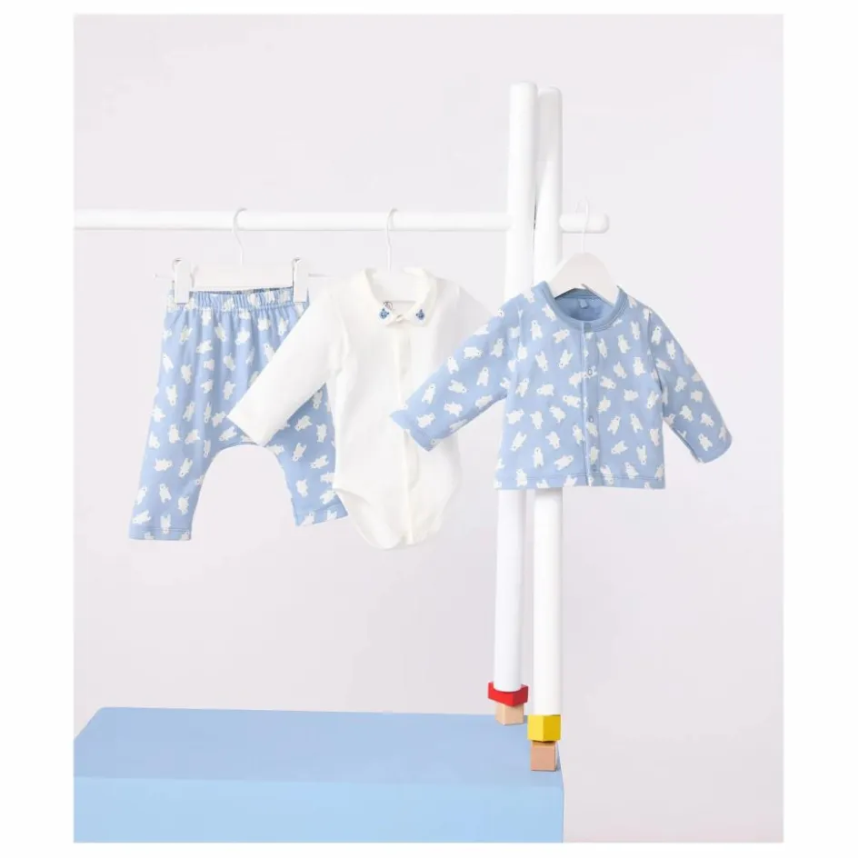 Hot Petit Bateau Ensemble Cardigan Pantalon et Body Ours Coton Bio | Bleu