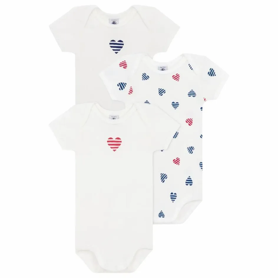 Petit Bateau Lot 3 Bodies Cœur Rayé Coton Bio || Pyjamas Et Bodies|Premières Tenues