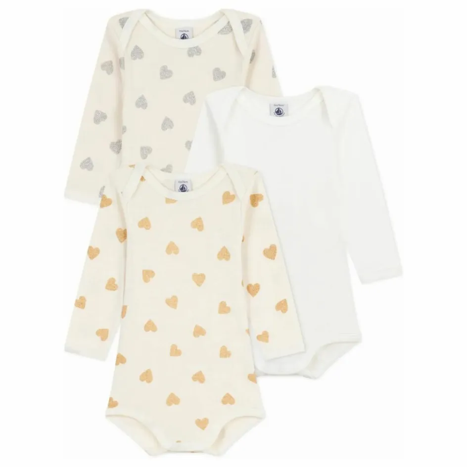 Petit Bateau Lot 3 Bodies Cœurs Pailletés Coton Bio || Pyjamas Et Bodies|Premières Tenues
