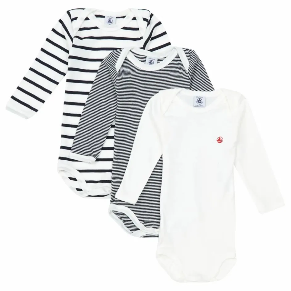 Petit Bateau Lot 3 Bodies Marinière Coton Bio || Premières Tenues|Pyjamas Et Bodies
