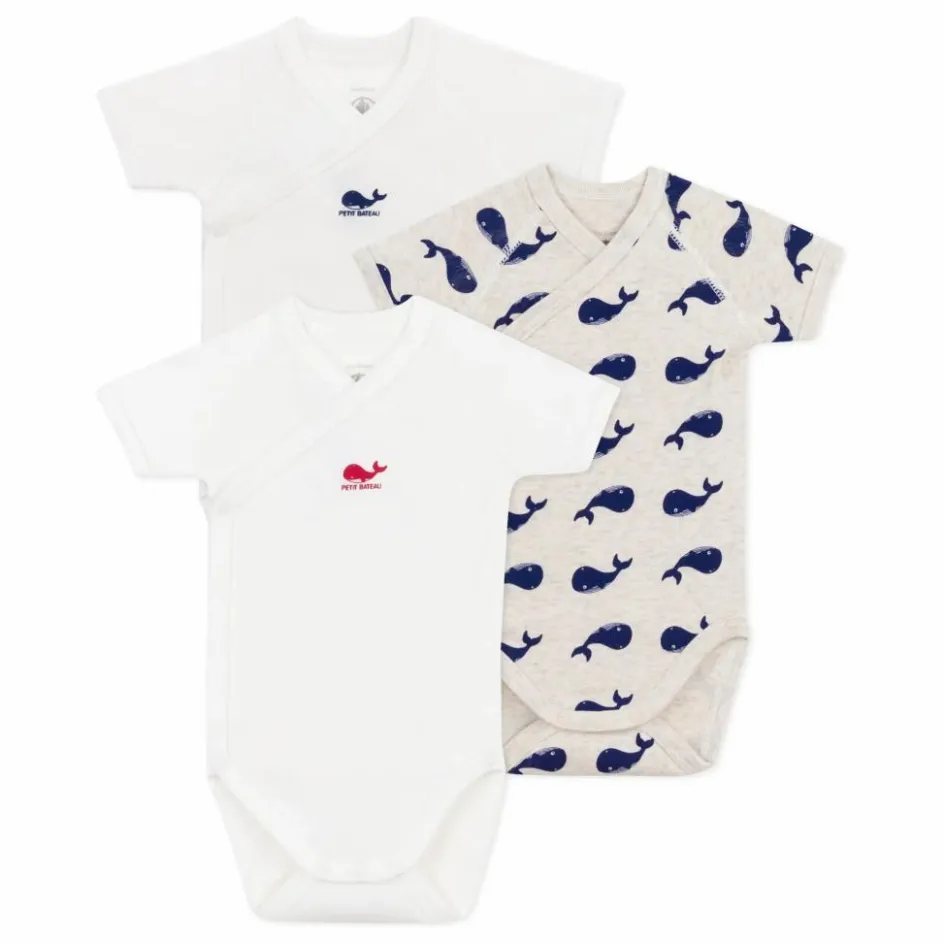 Clearance Petit Bateau Lot 3 Bodies Naissance Baleines Coton Bio | Ecru