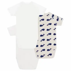 Clearance Petit Bateau Lot 3 Bodies Naissance Baleines Coton Bio | Ecru