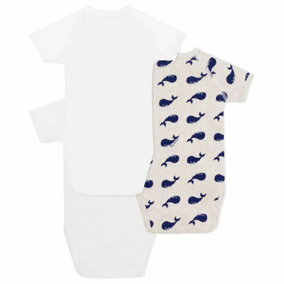 Clearance Petit Bateau Lot 3 Bodies Naissance Baleines Coton Bio | Ecru