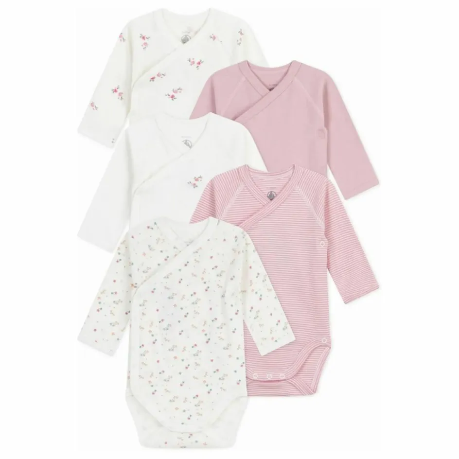 Clearance Petit Bateau Lot 5 Bodies Rayés Coton Bio | Rose
