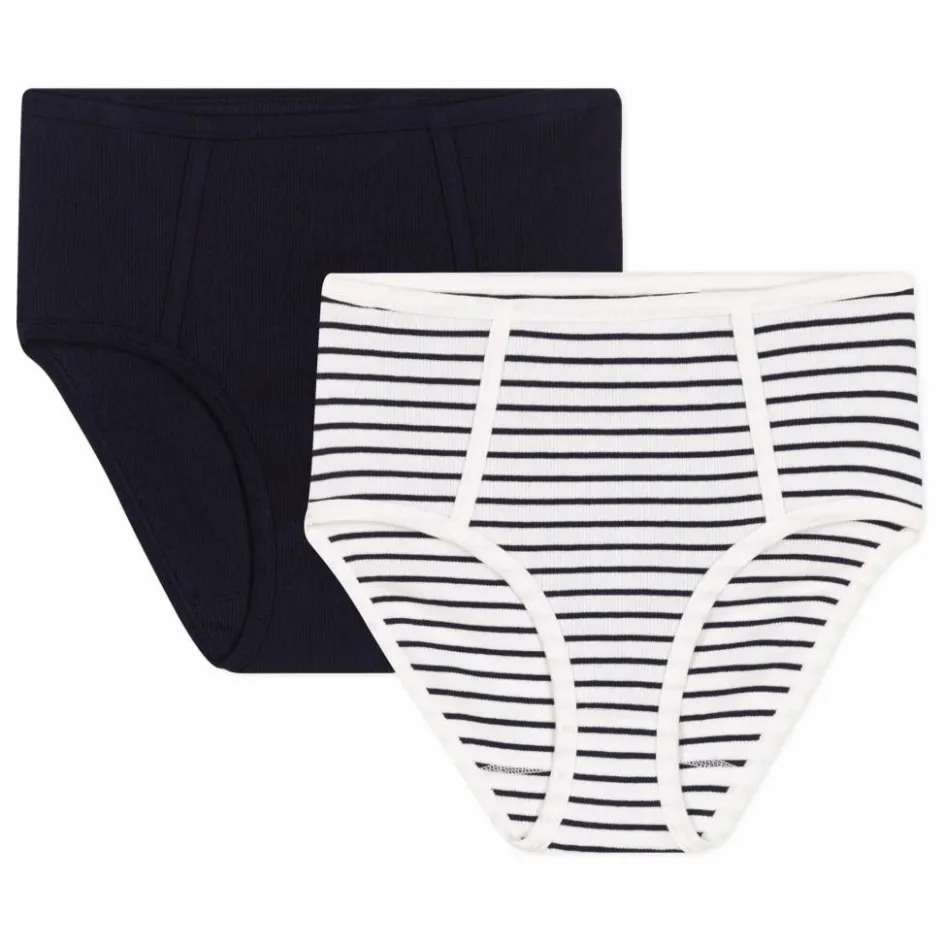 Discount Petit Bateau Lot 2 Culottes Tailles Hautes Rayées Coton Bio | Bleu marine