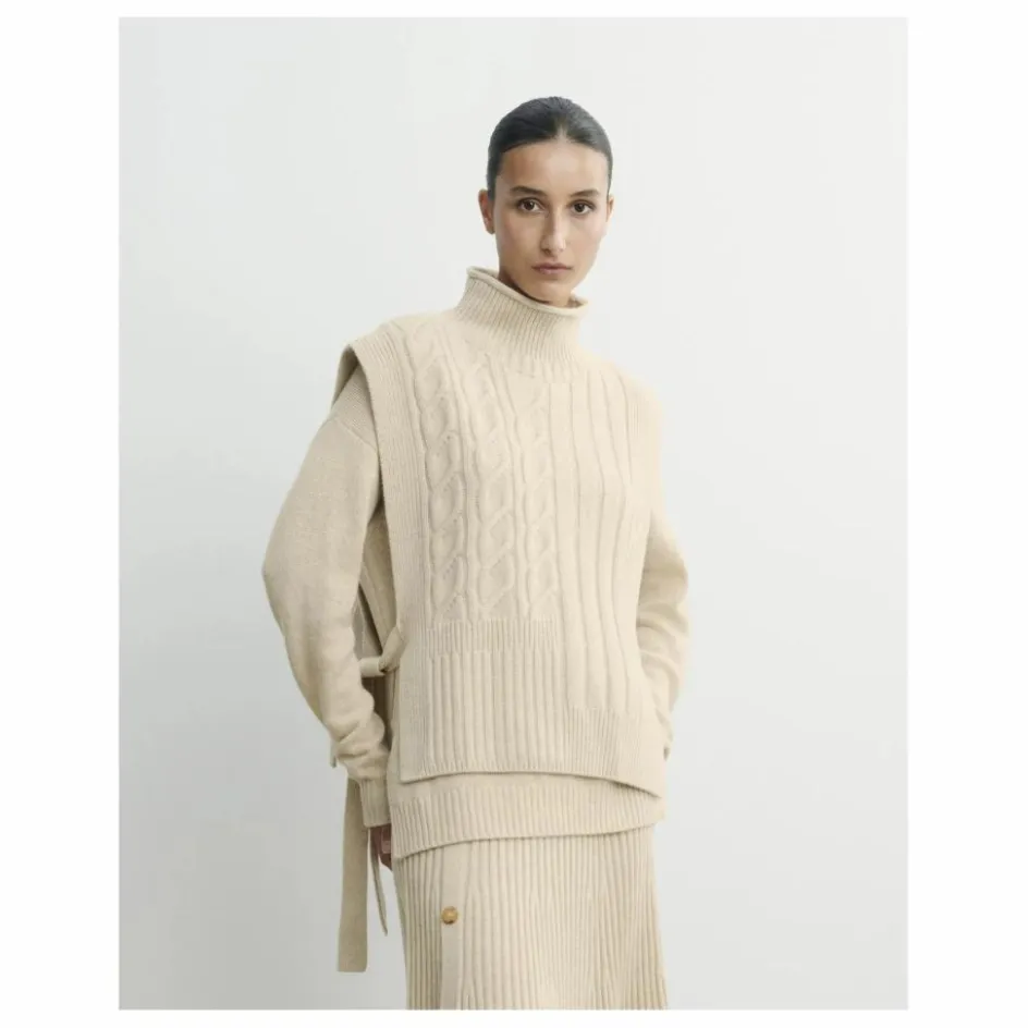 Femme Bompard Pulls, Gilets*Plastron Long Ceinturé Torsades et Côtes Cachemire |