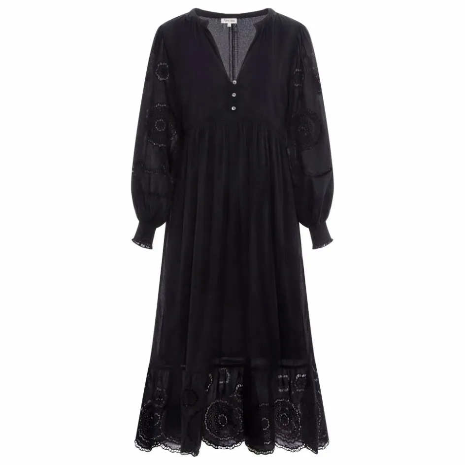 Online Alma Deia Robe Brodé Manches Longues en Coton Bio | Noir