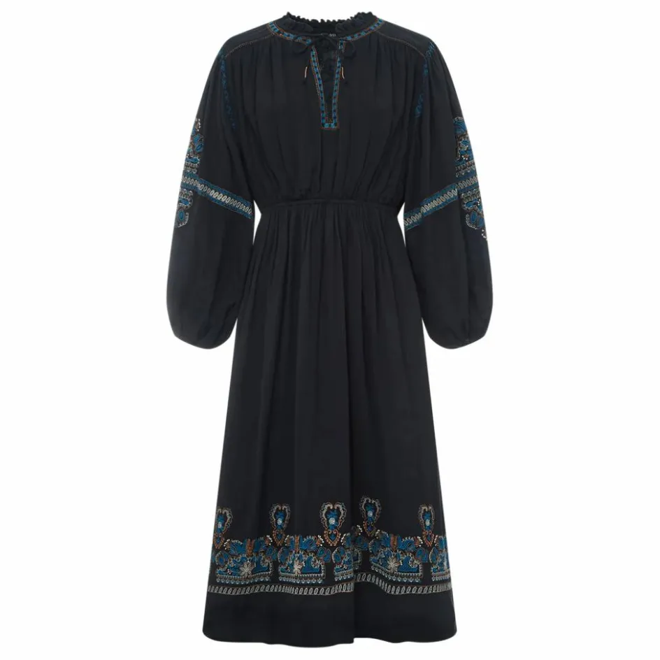 Clearance Alma Deia Robe Midi Brodée gaze de coton bio | Noir