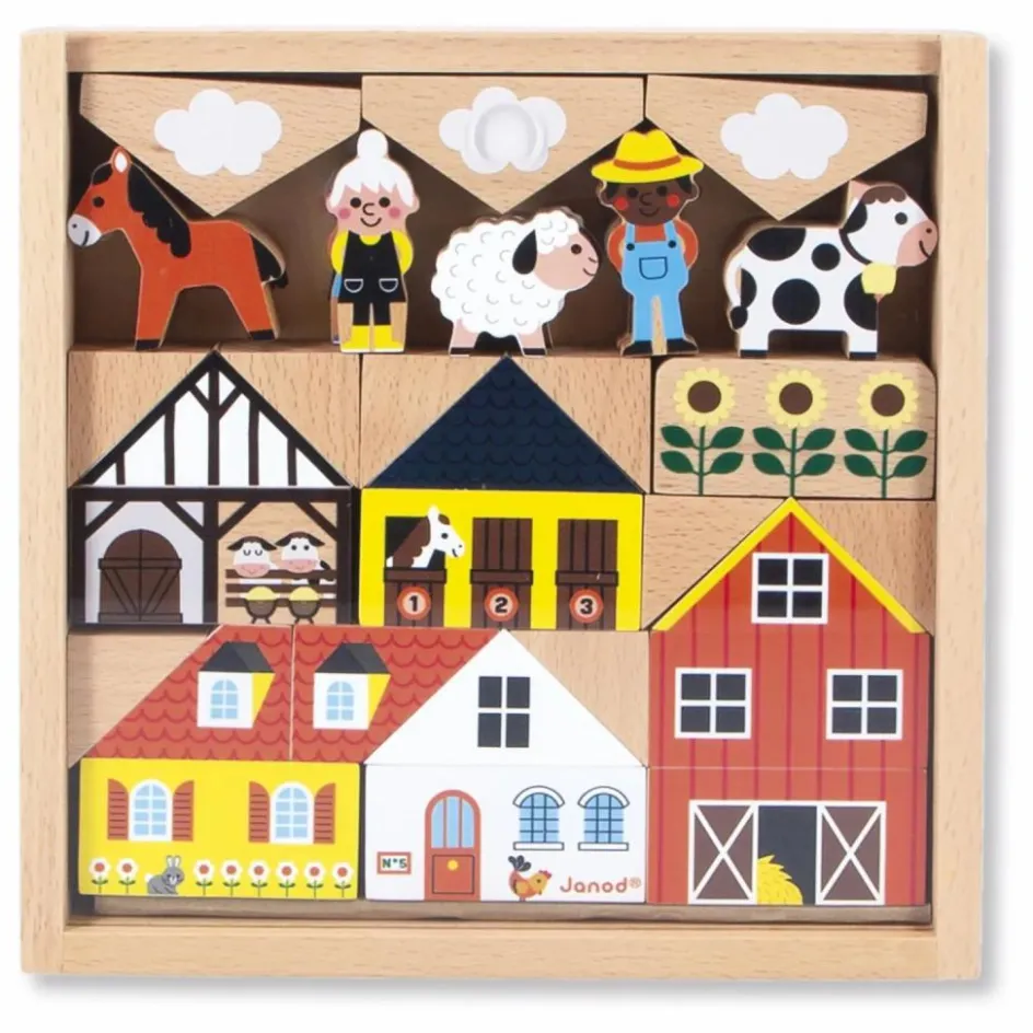 New Janod Set de cubes en bois Campagne - Cross Roads Multicolore