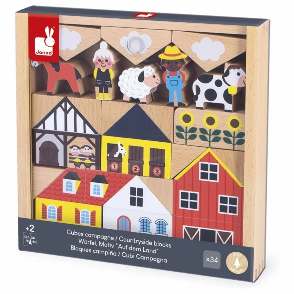 New Janod Set de cubes en bois Campagne - Cross Roads Multicolore