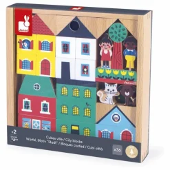 Janod Set de cubes en bois Ville - Cross Roads| Jouets D'Éveil