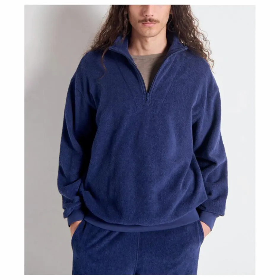 Best American Vintage Sweat Col Zippé Bobypark Bouclette Coton Bio | Bleu foncé