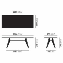New Vitra Table EM en naturel huilé 220x90 cm - piètement noir - Jean Prouvé | Chêne