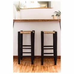 Cosydar Tabouret de bar en bois peint et palme | Noir