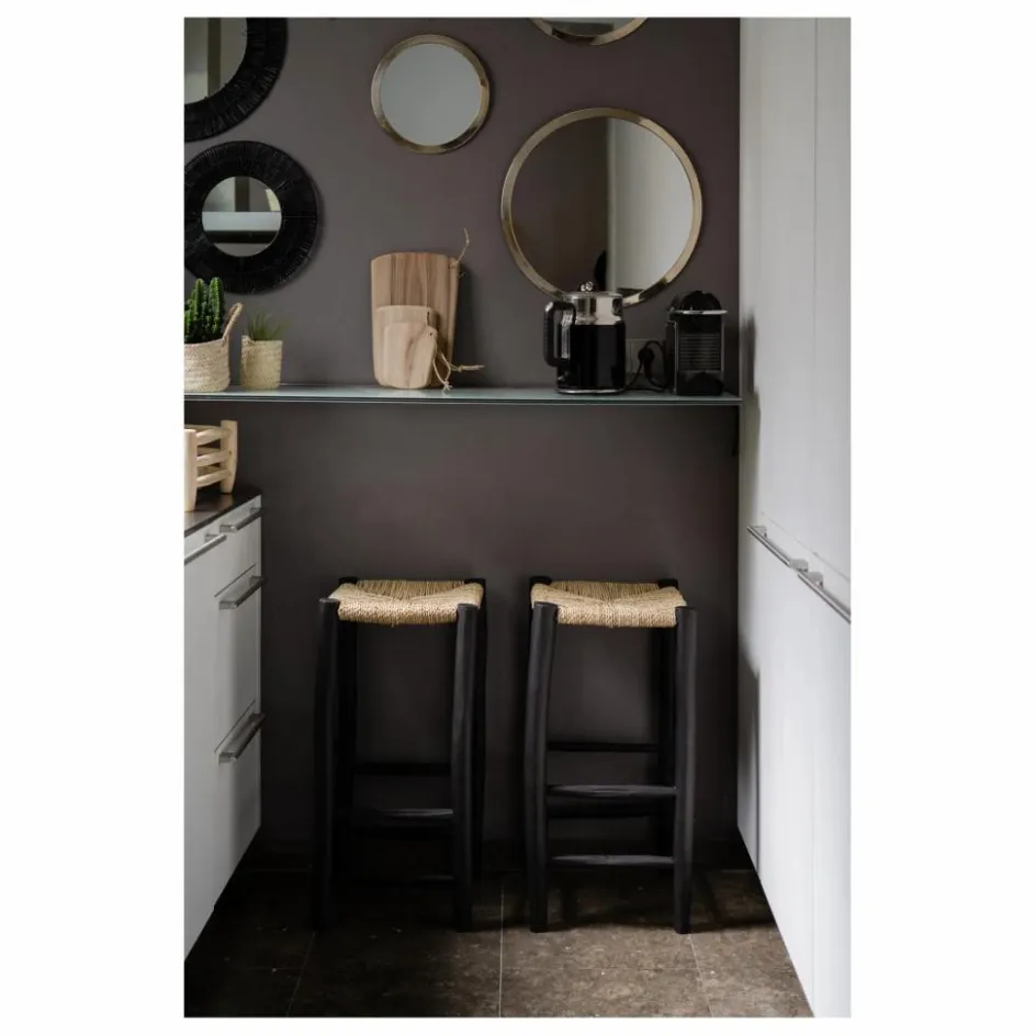 Cosydar Tabouret de bar en bois peint et palme | Noir