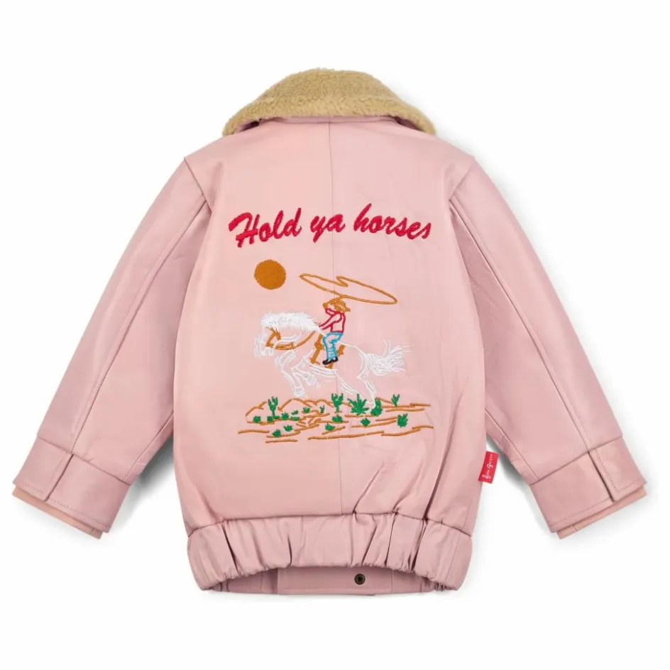 Hot Fille Garçon Veste Hold Ya Horses Col Sherpa Cuir | Rose pâle
