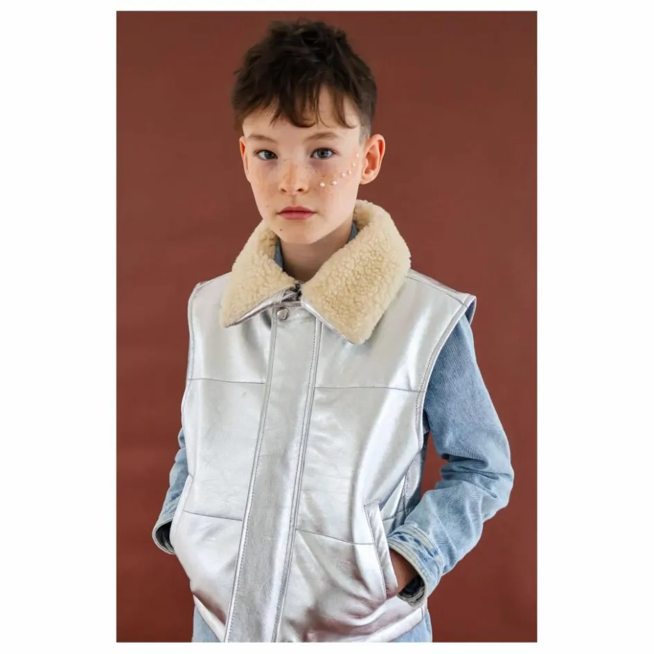Best Fille Garçon Veste Sans Manches Col Sherpa Métallisée | Argenté