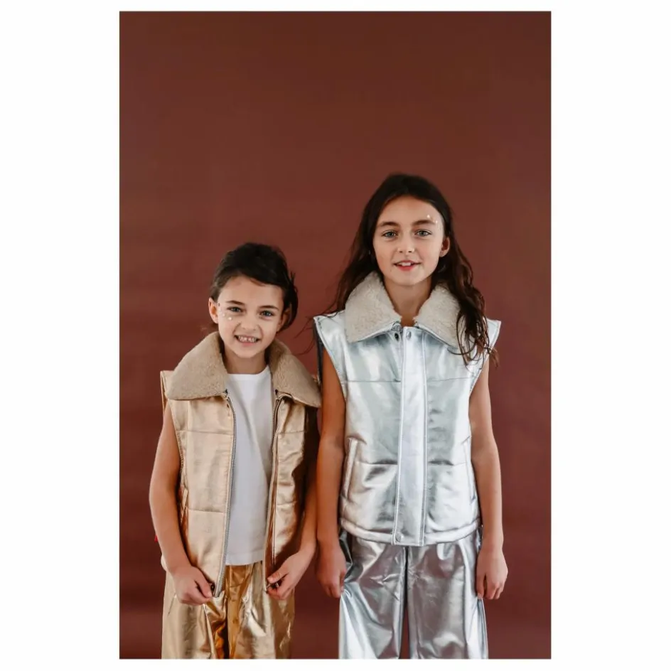 Best Fille Garçon Veste Sans Manches Col Sherpa Métallisée | Argenté