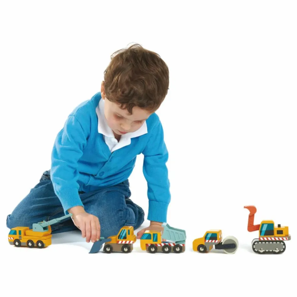 Tender Leaf Toys Voitures de Construction en bois - Set de 5| Garages, Circuits
