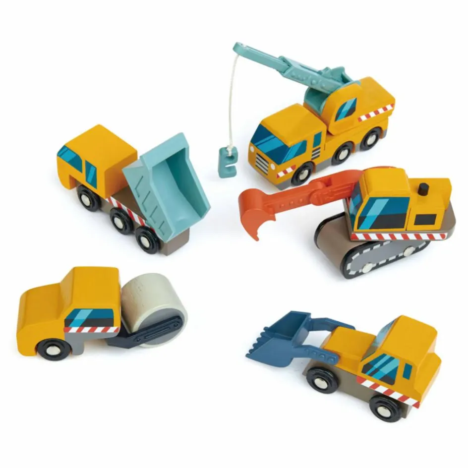 Tender Leaf Toys Voitures de Construction en bois - Set de 5| Garages, Circuits