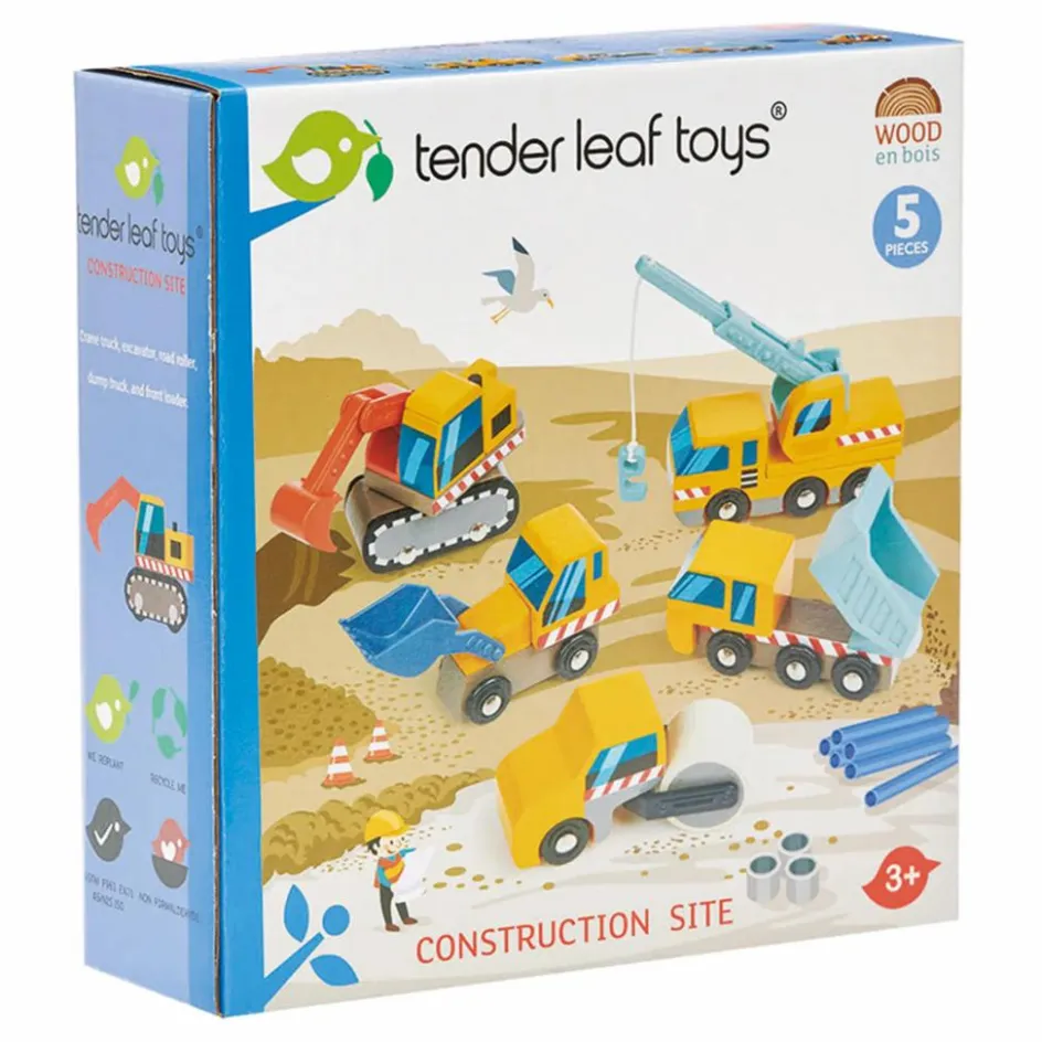 Tender Leaf Toys Voitures de Construction en bois - Set de 5| Garages, Circuits
